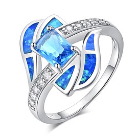 CiNily Rhodium Plated Blue Fire Opal Aquamarine for Women Jewelry Gemstone Ring Size 5-12, Stone, Created Opal