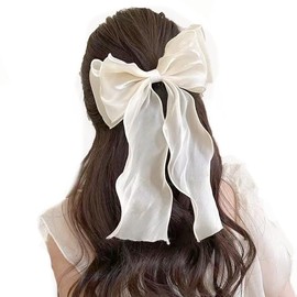Hair Ribbon, Set of 2, Ribbon, Hair Ornament, Barrette, Hair Clip, White, Blue, Cute (Beige)