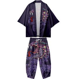 DOSLAVIDA Men's Japanese Kimono Cardigan Suit Chinese Style Printed Jacket Pants Set Open Front Seven Sleeve Top & Shorts