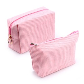 Huakaile 2 Pieces Corduroy Makeup Bag Set, Small Cosmetic Pouch Case with Zipper, Cute Travel Toiletry Bag Organizer for Girls Women Gifts Purse Storage (Pink)