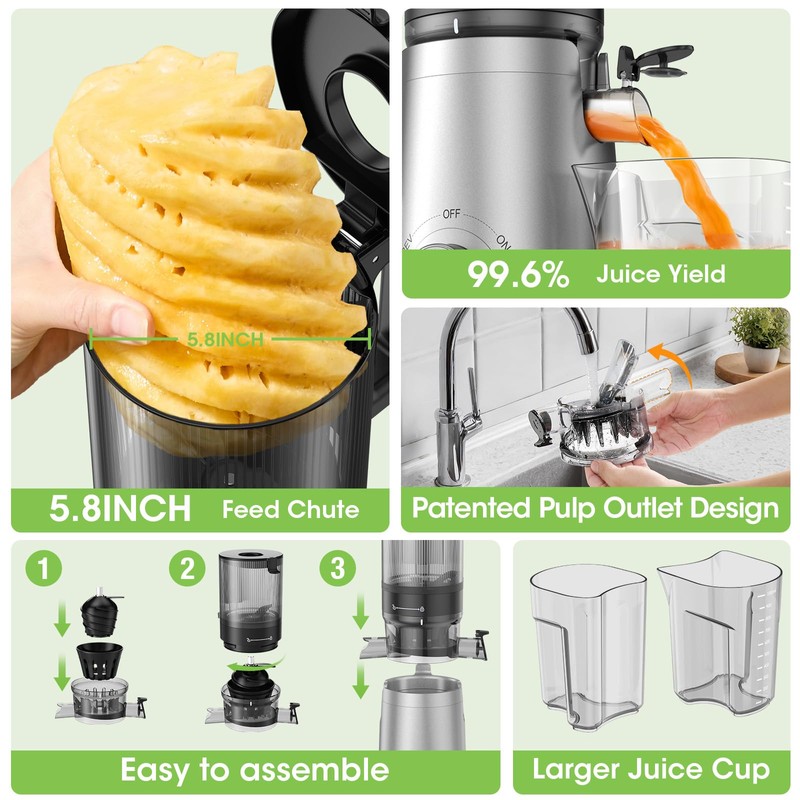 Juicer Machines, 5.8" Wide Feed Chute Cold Press Juicer for