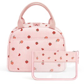 YOOLIFE Insulated Lunch Bag for Women Men Large Reusable Lunch Box Adult Corduroy Portable Cooler Tote Bags for Work Picnic Pink Strawberry