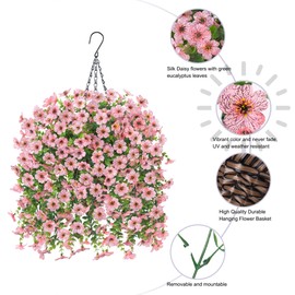 HyeFlora Artificial Hanging Flowers Basket for Outdoor, Fake Flowers Faux Plants Look Real for Yard Gardens Porch Patio Home (Pink)