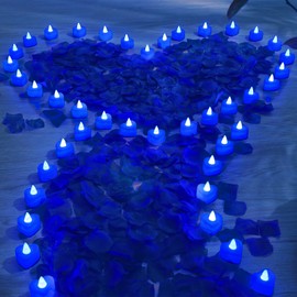 Coume 6000 Pieces Artificial Rose Petal with 72 Pieces Romantic Heart Led Candle Flameless Love Led Tealight Candle for Romantic Night Anniversary Table Decor(Blue Light)