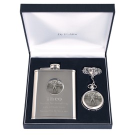 Engraved Brother Pewter Golf Feature Mother of Pearl Pocket Watch and Hip Flask Gift Set Christmas