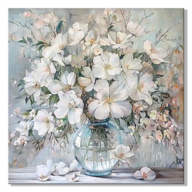 ArtNFT Flower Pictures Canvas Wall Art Home Decor, Painting Art Prints Floral Wall Art For Living Room, Bathroom Decor Farmhouse Wall Decoration, Kitchen Bedroom Decor (White Blossoms01, 20x20in)