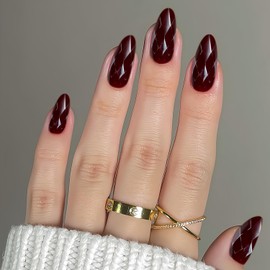 Press on Nails Medium Almond Fake Nails with Rhombus Shape Nude Dark Red Designs Full Cover Stick on Nails for Women Manicure Decor 24 Pcs (P-5, M-5)