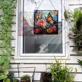 HFhyxin Stained Glass Window Hanging, Rose and Butterfly Suncatchers for Windows Hanging, Handcrafted Sun Catchers Indoor Window Panel for Home Decor, Gift for Mom, Wife, Friends 20cm/8inch