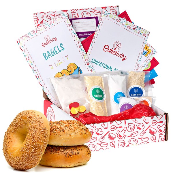 Baketivity Kids Baking Set, Meal Cooking Party Supply Kit for Teens, Real Fun Little Junior Chef Essential Kitchen Lessons, Includes Pre-Measured Ingredients (Baketivity Kit, Bagels)