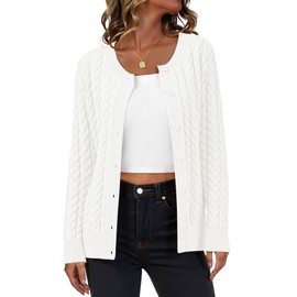 LILBETTER Womens Cable Knit Long Sleeve Crewneck Button Down Open Front Cardigan Sweater for Fall and Winter 2025(White Medium)