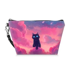 Tudguiloae Cosmetic Bag for Women, Small Makeup Bag for Purse, Water-resistant PU Leather Pouch with Pink Clouds Cat Pattern and Zipper, Ideal Gift for Girls for Daily Use and Travel