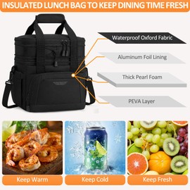 Vankor Lunch Box for Men Women, Large Double Layer Insulated Lunch Bag Tote Expandable Leakproof Waterproof Cooler Bag with Adjustable Shoulder Strap for Work Office Picnic Travel, Black