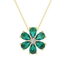 MSBLUE® 3.1 Ctw. Emerald and White Sapphire Flower Cluster Pendant | 14K White Gold Vermeil Necklace for Anniversary, Gift & Women