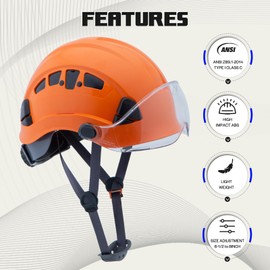 LOHASWORK Safety Hard Hat ANSI Z89.1 Approved,Adjustable Safety Helmet with Visor,6-Point Suspension,Construction Forestry Aborist Work(04Orange+Clear Visor)
