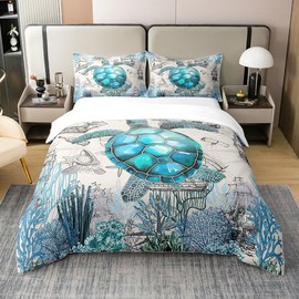 100% Cotton Sea Turtle Bed Linen Set 135 x 200 cm Turquoise Turtle Comfort Cover Ocean Animal Duvet Cover Nautical Antique Style Bed Set with 1 Pillowcase Grey Blue Soft Warm