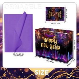ORNACELE 2 Pack New Years Eve Gift Bags, 13 x 10.2 x 4.9 in, with Cards and Tissue Paper, NYE Paper Bags for Happy New Year Party Favor