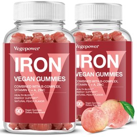 VEGEPOWER Vegan Iron Gummies Supplement - Multivitamin Supplement with Vitamin C, A, B & Zinc - Health Blood & Energy Support for Iron Deficiency, Anemia, No After Taste - Peach Flavor（2 Packs）