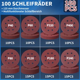 Pack of 100 Sandpaper 125 mm Velcro, Sanding Discs 5 in 8 Holes, P40/P60/P80/P120/P180/P240/P320/P400, Wall Sander for Wood, Metal, Plastic, Accessories for Power Tools