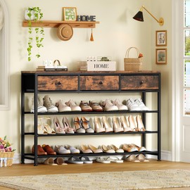 usikey 4 Tier Shoe Rack with 3 Drawers & 3 Fabric Shelves, Holds 15-18 Pairs, Metal Shoe Storage with Wood Top, Shoe Organizer for Entryway, Closet, Apartment, Rustic Brown