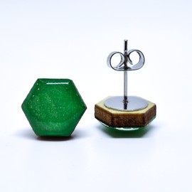 Stud Earrings, Hexagon, 10 mm, Handmade, Stainless Steel Posts for Sensitive Ears Studs for Women Girls Men (Jade Green Shimmer)