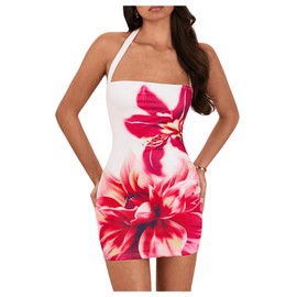 OYOANGLE Women's Floral Print Y2K Mini Dress Halter Neck Sleeveless Fitted Short Dresses White and Pnk Medium