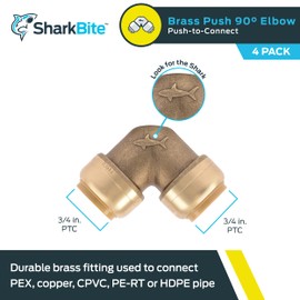 SharkBite 3/4 Inch 90 Degree Elbow, Pack of 4, Push to Connect Brass Plumbing Fitting, PEX Pipe, Copper, CPVC, PE-RT, HDPE, U256LFA4