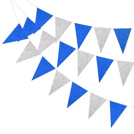 PATIKIL 16.5 ft Pennant Banner Flags, 2Pcs Paper Triangle Flag Bunting Banner Garland Vintage Pennant Flags String for Wedding Birthday Carnival Event Party Decoration, Blue/Silver