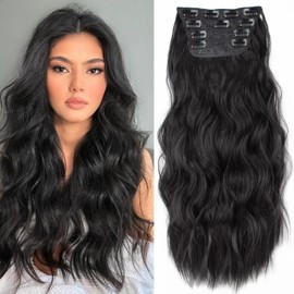 Hair Extensions, Long Wavy Synthetic Hair Extension 4PCS Clip in Hair Extensions for Women Full Head, 20 Inch Long Wavy Fiber Thick Double Weft Hairpieces (1B)