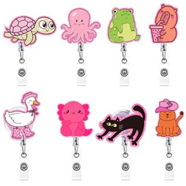 Geyoga 8 Pcs Cute Badge Reel Retractable Funny Silly Goose Cowboy Cat Turtle Frog Octopus Capybara Hexagon Name Badge Holder with Alligator Clip for Nurse Doctor CNA Week Appreciation Gift Bulk