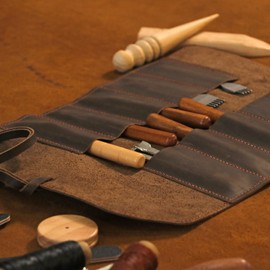 Tourbon Full Leather Knife Roll Carving Tool Organizer Craft Carrier Storage Bag Case with 10 Slots