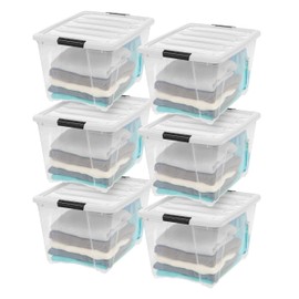 IRIS USA 54 Qt Stackable Plastic Storage Bins with Lids, 6 Pack - BPA-Free, Made in USA - See-Through Organizing Solution, Latches, Durable Nestable Containers, Secure Pull Handle - Clear/White