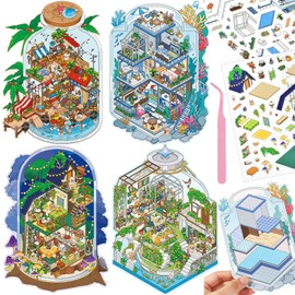 4 Sets DIY 3D Mini Bottle House Sticker Scenes with Tweezers Make Your Own Inn Garden Restaurant Vegetable Market Scene Stickers Cute Micro Room Stickers for Relief Stress Pass The Time