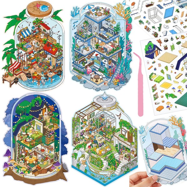 4 Sets DIY 3D Mini Bottle House Sticker Scenes with