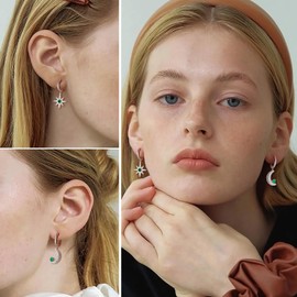 CAIDIKA Moon and Star Earrings for Women Dainty and Cute Sterling Silver Lever Back Huggie Hoop Emerald Green Drop Earrings for Wedding Party