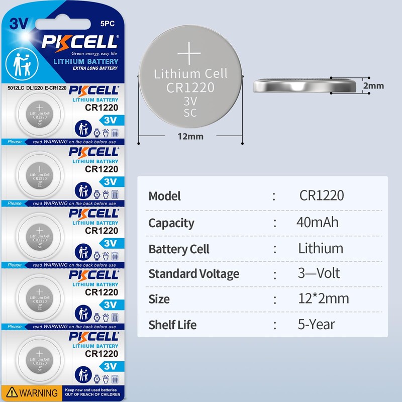 PKCELL CR1220 Battery CR 1220 3V Lithium Battery (10 Count