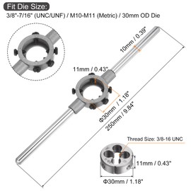 sourcing map Die Stock Handle Wrench Set, 3/8-16 UNC Round Die and 30mm Die Holder (Fits 3/8"-7/16" (UNC/UNF) / Metric M10-M11 / 30mm OD Dies) for Bolt Thread Repair