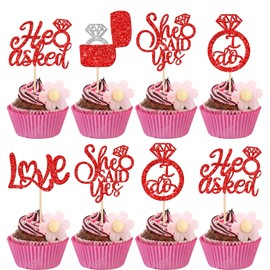 30 piezas de adornos para magdalenas con texto "He Asked She Said Y", anillos de diamantes, para decoración de cupcakes, decoración de bodas, fiestas, pasteles, suministros de decoración de pasteles, color rojo