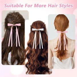 Nogeqi 4PCS Ribbon Bow Hair Clip with Long Tails, Cute Tassel Hair Bow Barrettes for Women, Solid Bowknot Hair Accessories for Women Girls(White, Pink)