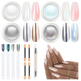 Modelones Chrome Nail Powder Glitzer Nägel Puder Chrome Nagelpuder Nail Art Glitzer Nägel Puder für DIY Salon- 13PCS mit 4 Gläser Perle Silver Puder &4 Applikatoren&4 Nagel Sticks&1 Detailstift