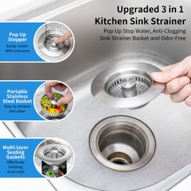 Inkhut Upgraded 3 in 1 Kitchen Sink Drain Strainer - Stainless Steel Sink Stopper, Anti-Clogging Sink Food Catcher Basket, Fast Drainage Odor Filter Sink Plug for US Standard 3 1/2 inch Drain (Silver-1Pack)