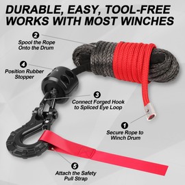 Synthetic Winch Rope Kit - 1/4'' x 50' with 10,000 lbs Breaking Strength, Included Lightweight Winch Rope Winch Stopper and Winch Hook, Easy Installation, Replacement for ATV UTV Boat Truck Winches