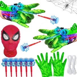 Funnity 2 Sets Green Spider Gloves with Launch, Marve Spider Toy Web Shooter, Spider Mask, Spider Costume Children for Fancy Dress Spider Cosplay Spider Gift