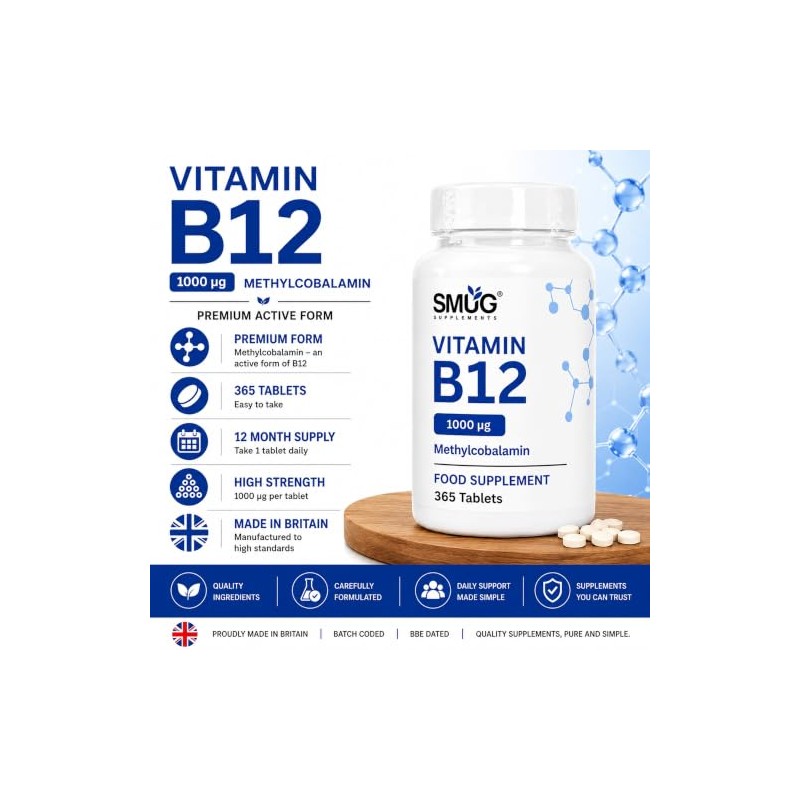 Vitamin B12 Methylcobalamin 1000mcg - 365 Vegan Tablets - SMUG