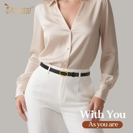 JASGOOD 2 Pack Women Leather Skinny Belt, Ladies Thin PU Leather with Alloy Buckle for Jeans Pants Dresses,Black+Brown