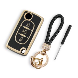 TPU Car Key Cover For Citroen C2 C3 C4 C5 C6 Xsara Picasso 3 Buttons Car Key Fob (Black) with Screwdriver and Diamond lanyard