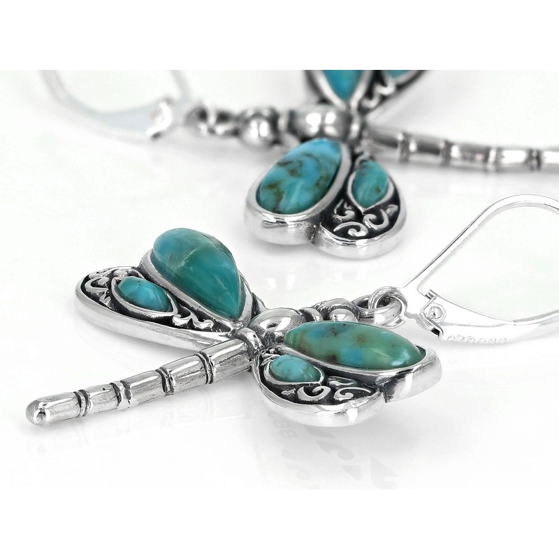 Turquoise Rhodium Over Silver Dragonfly Earrings