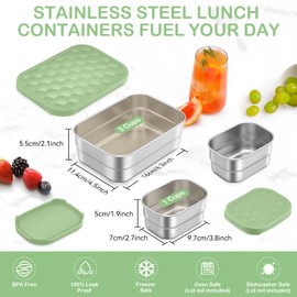 Leonyo 18/10 Stainless Steel Lunch Containers for Kids, Leak Proof Food Snack Containers with Silicone Lids, Metal Toddler Bento Box for School Daycare Picnic, Non-Toxic, Green(25oz+8oz*2)