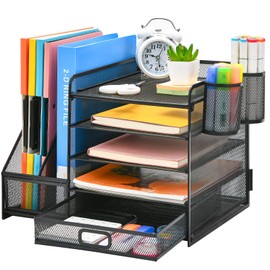 Marbrasse - Organizador de escritorio con soporte para archivos, organizador de bandejas para papel tamaño carta de 5 niveles con cajón y 2 soportes p