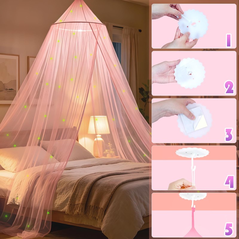 WIYIXI Glowing Stars Pink Bed Canopy for Princess Netting Room
