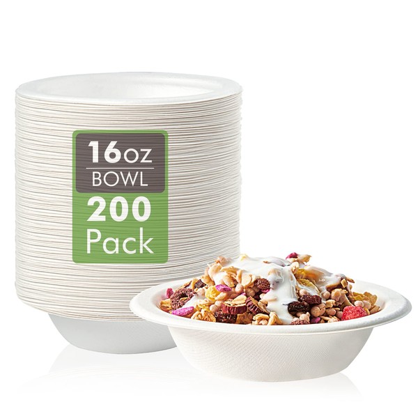 Vplus 200 Pack 16 OZ Paper Bowls, Disposable Compostable Bowls Bulk, Eco-friendly Bagasse Bowls, Heavy-duty Bowls Perfect for Milk Cereals, Snacks, Salads